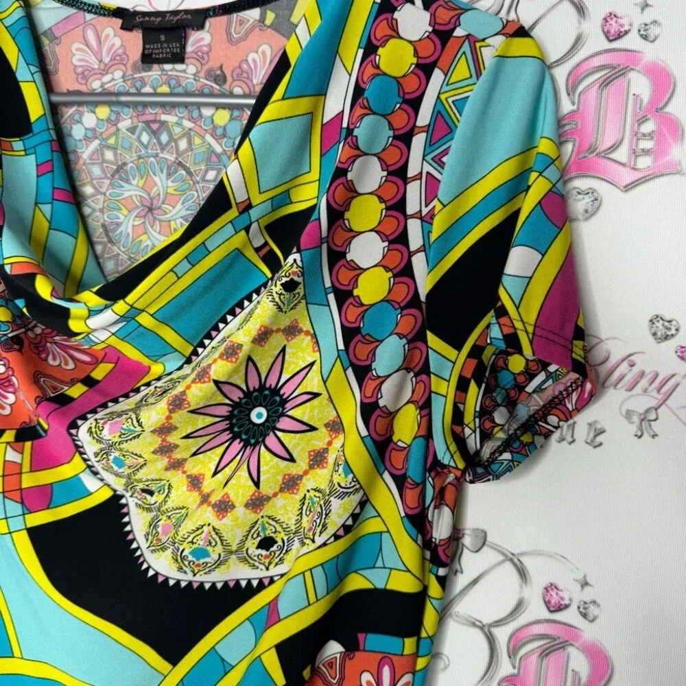 Sunny Taylor dress psychedelic bright groovy paisley circles boho print - Picture 7 of 8